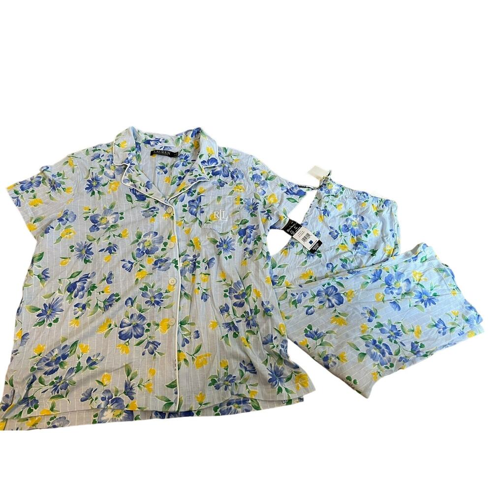 Ralph Lauren BLUE/GREEN/YELLOW FLORAL SOFT JERSEY KNIT CAPRI SET NWT